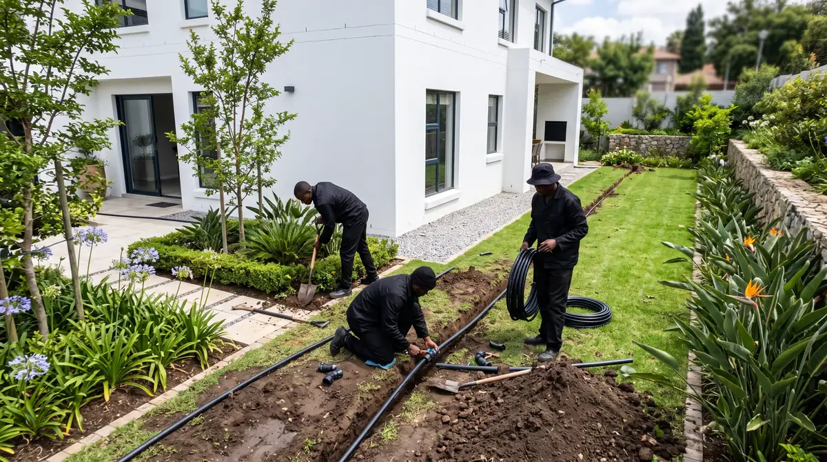 Irrigation Installation South Africa - contractors trenching and laying black irrigation pipe across a lawn beside a white double-storey house Irrigation Installation South Africa - contractors trenching and laying black irrigation pipe across a lawn beside a white double-storey house